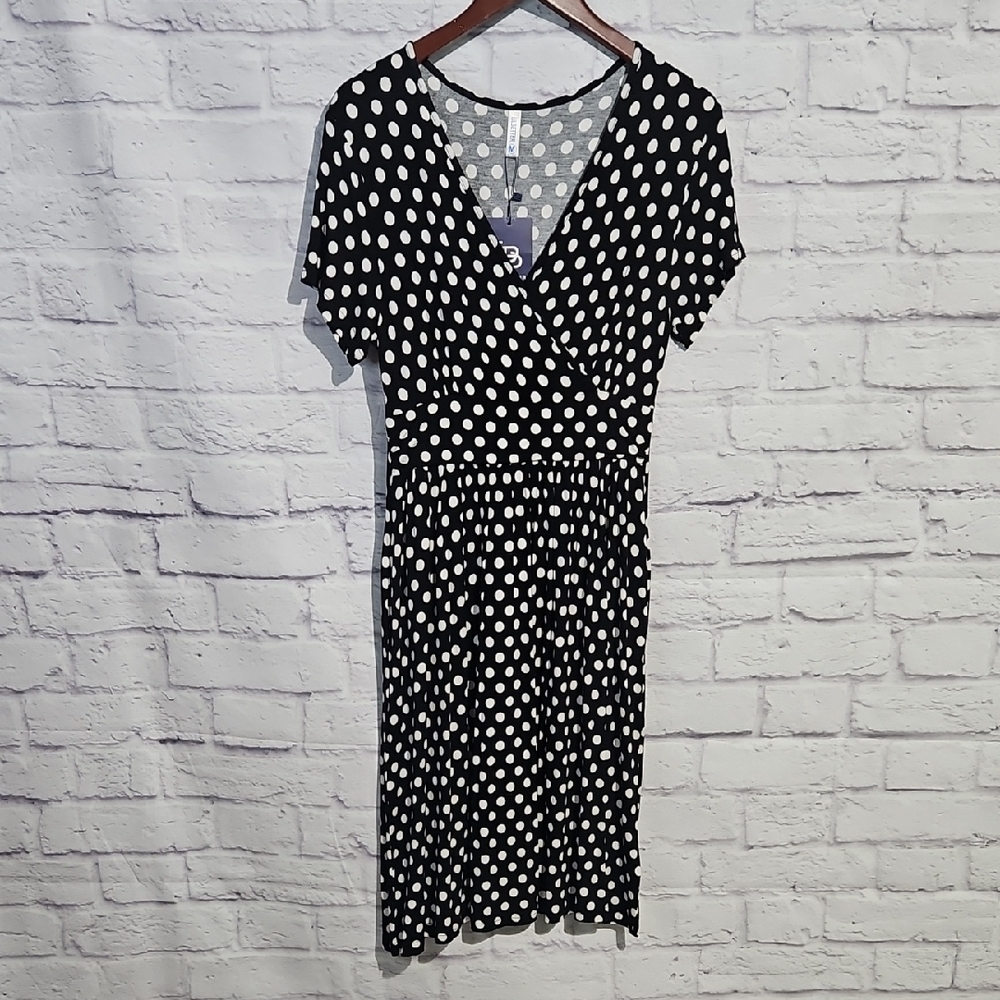 Black and White Polka Dot Faux Wrap Midi Dress